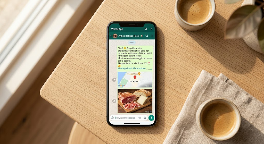 Smartphone con messaggio WhatsApp promozionale da un negozio locale